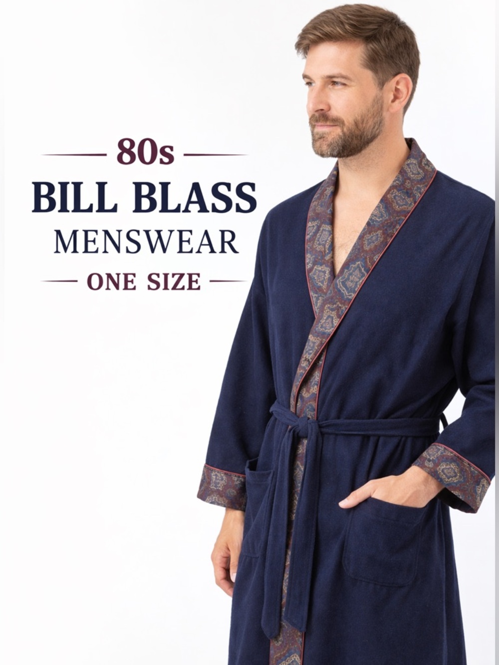 Vintage 80s Bill Blass Men’s Robe Navy Paisley Trim One Size